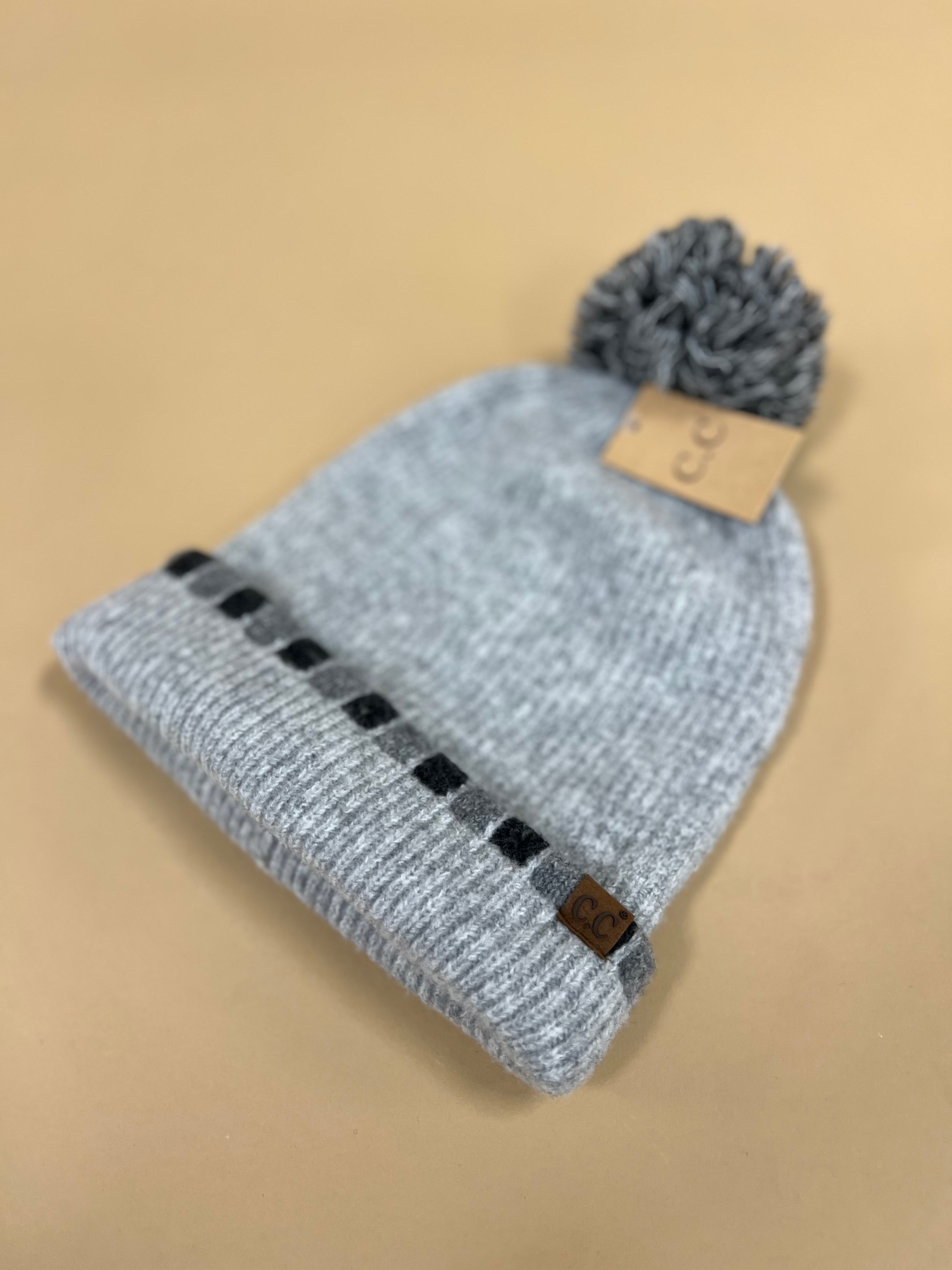 C.C Neutral Horizontal Stripe Cuffed Pom Beanie - Grey - Lace and Grace Boutique