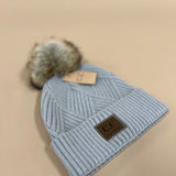 C.C Diagonal Stripe Knit Pattern Pom Beanie - Warm Grey Mix - Lace and Grace Boutique