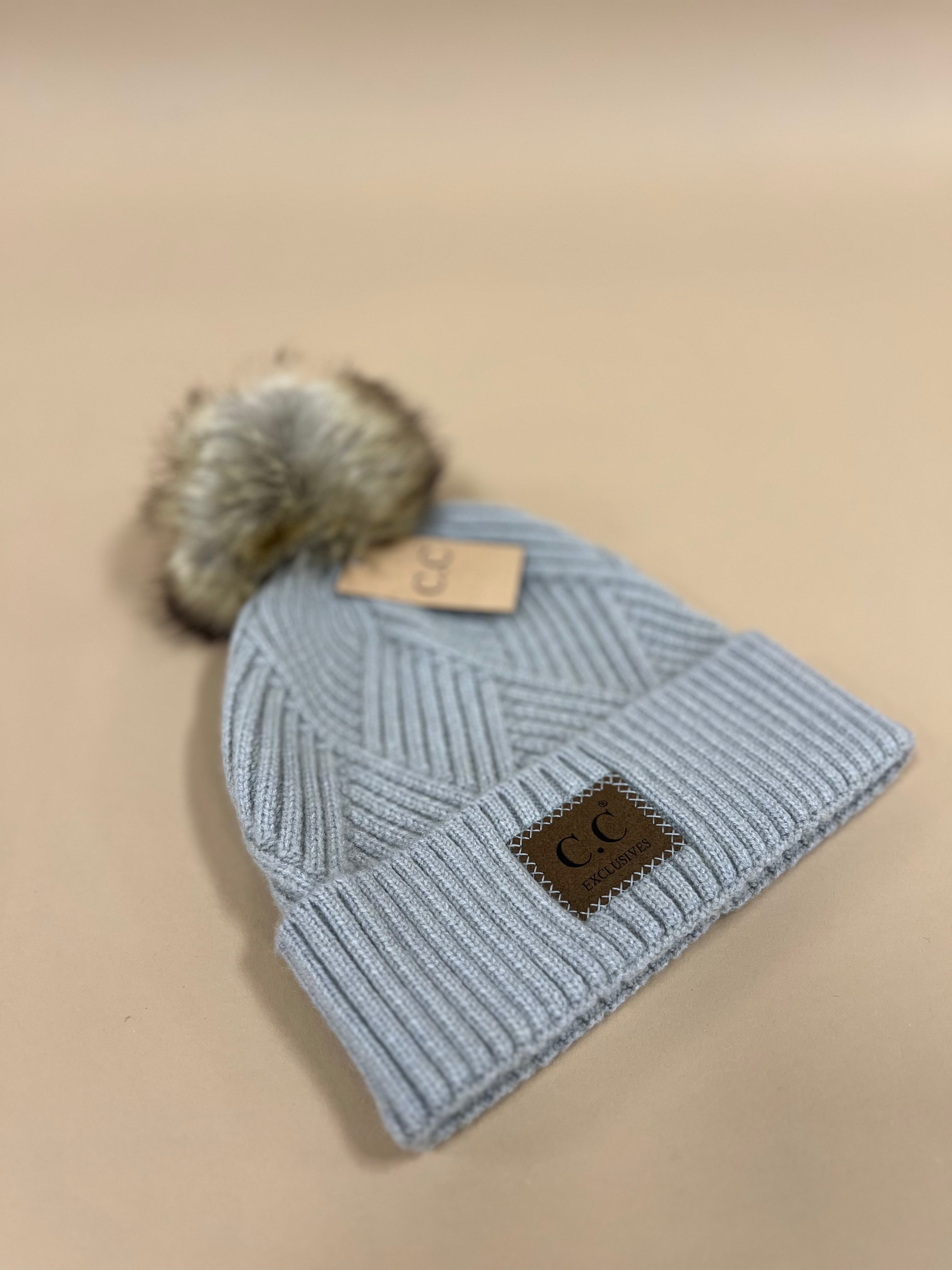 C.C Diagonal Stripe Knit Pattern Pom Beanie - Warm Grey Mix - Lace and Grace Boutique