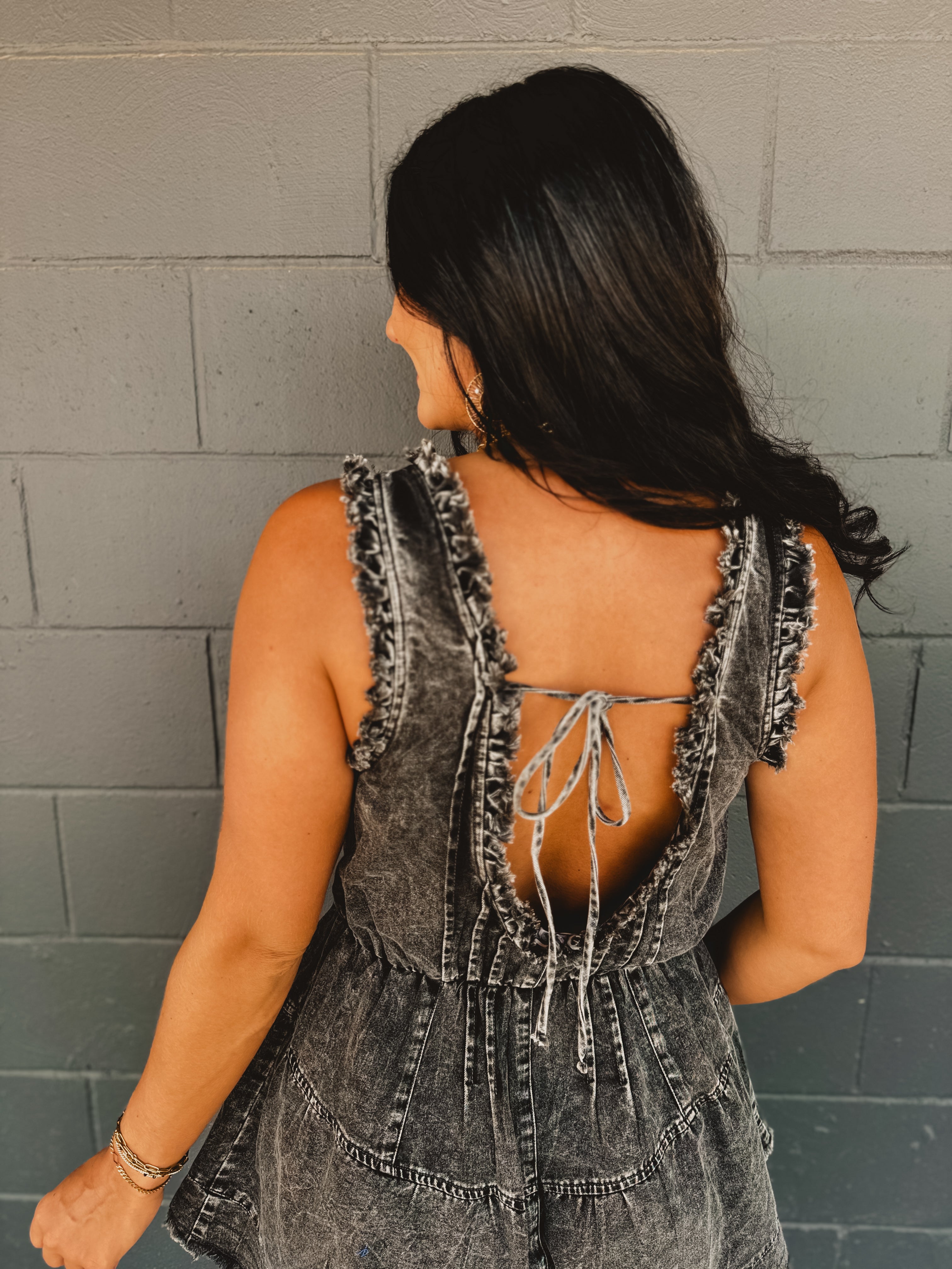 Denim Fringed Romper - Black - Lace and Grace Boutique