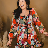 Floral Front Tie Detail Long Sleeve Dress - Black - Lace and Grace Boutique