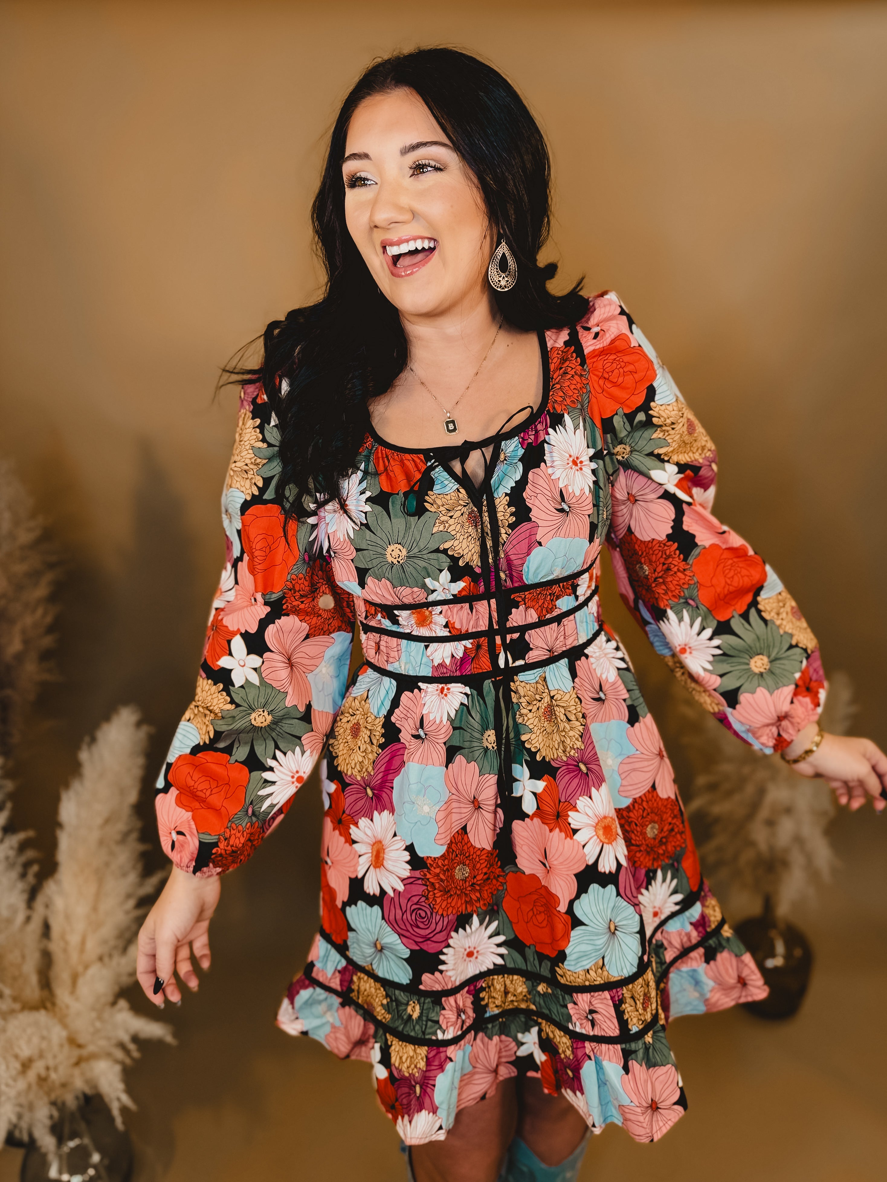 Floral Front Tie Detail Long Sleeve Dress - Black - Lace and Grace Boutique
