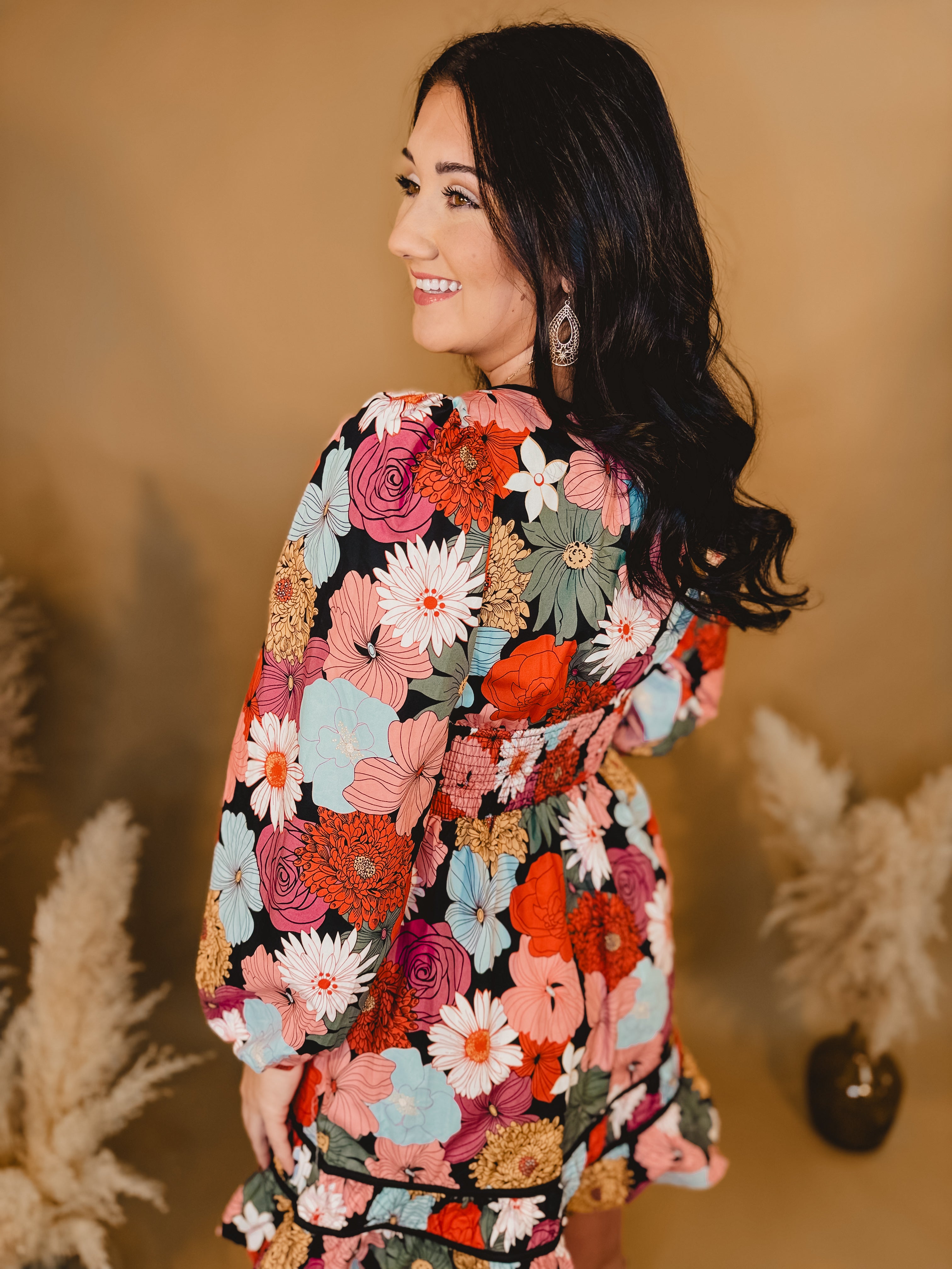 Floral Front Tie Detail Long Sleeve Dress - Black - Lace and Grace Boutique
