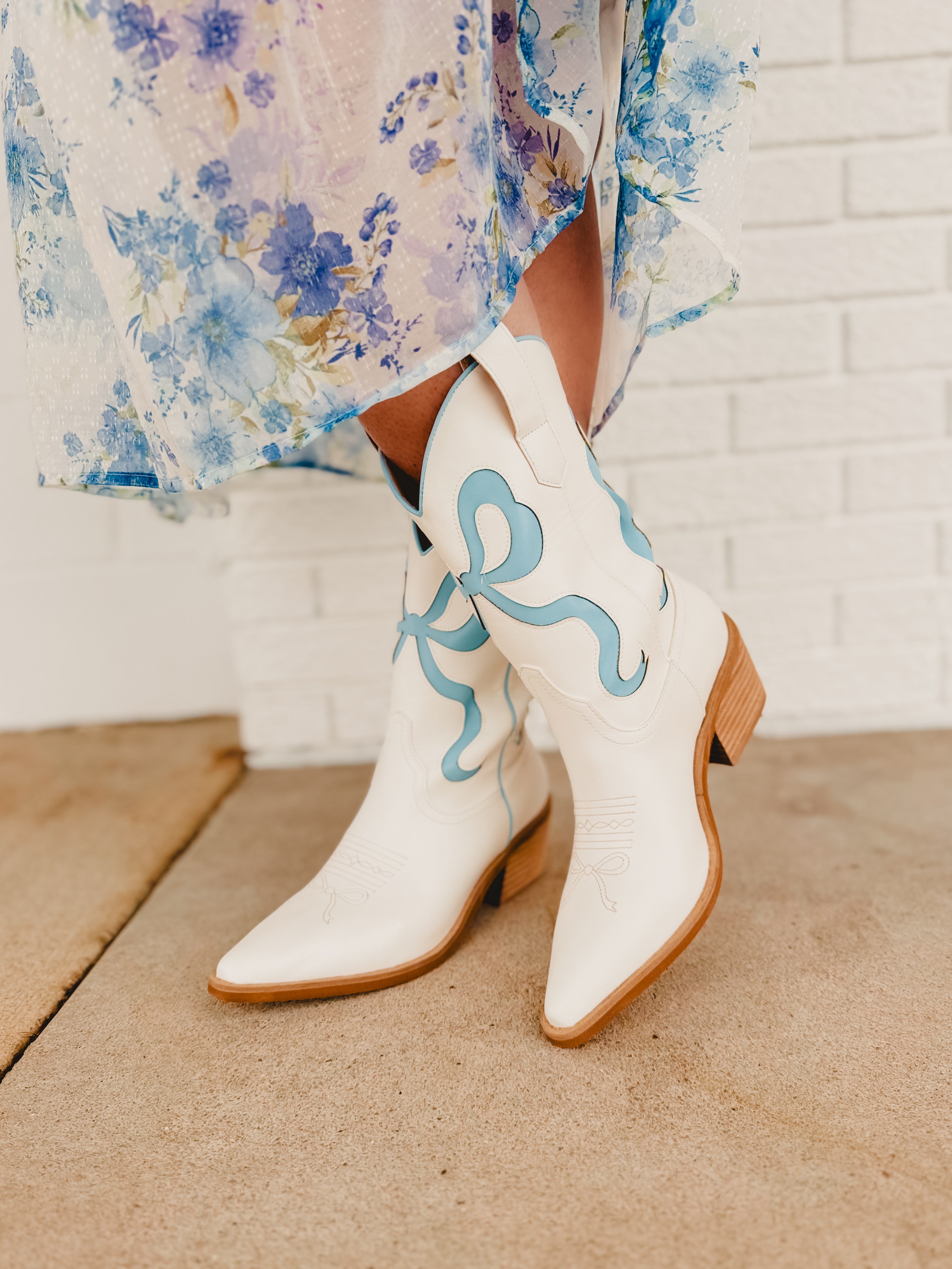 Ribbon Cut Out Coquette Boot - White/Blue - Lace and Grace Boutique