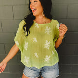 Embroidered Dolman Sleeve Top - Eucalyptus - Lace and Grace Boutique