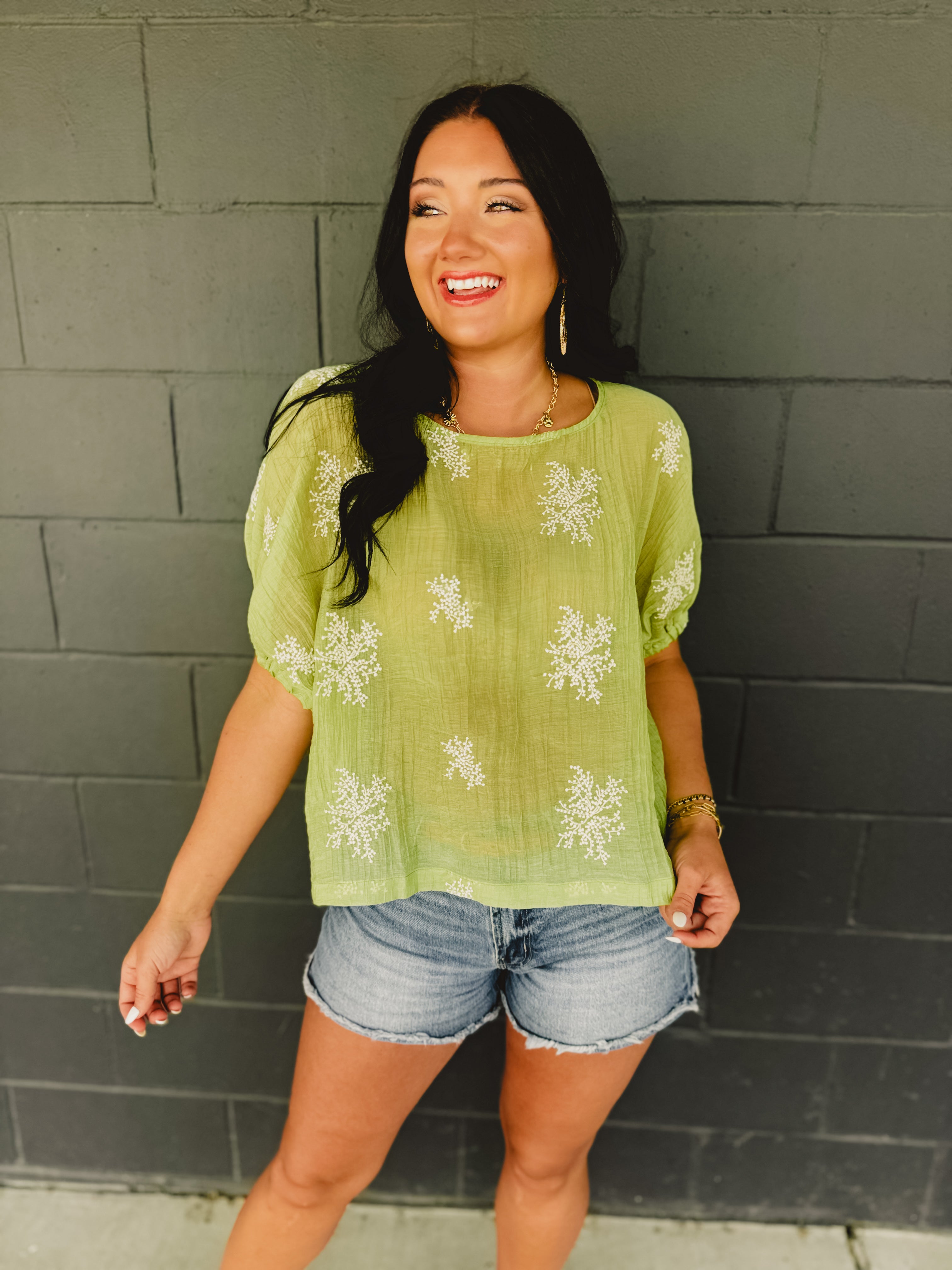Embroidered Dolman Sleeve Top - Eucalyptus - Lace and Grace Boutique