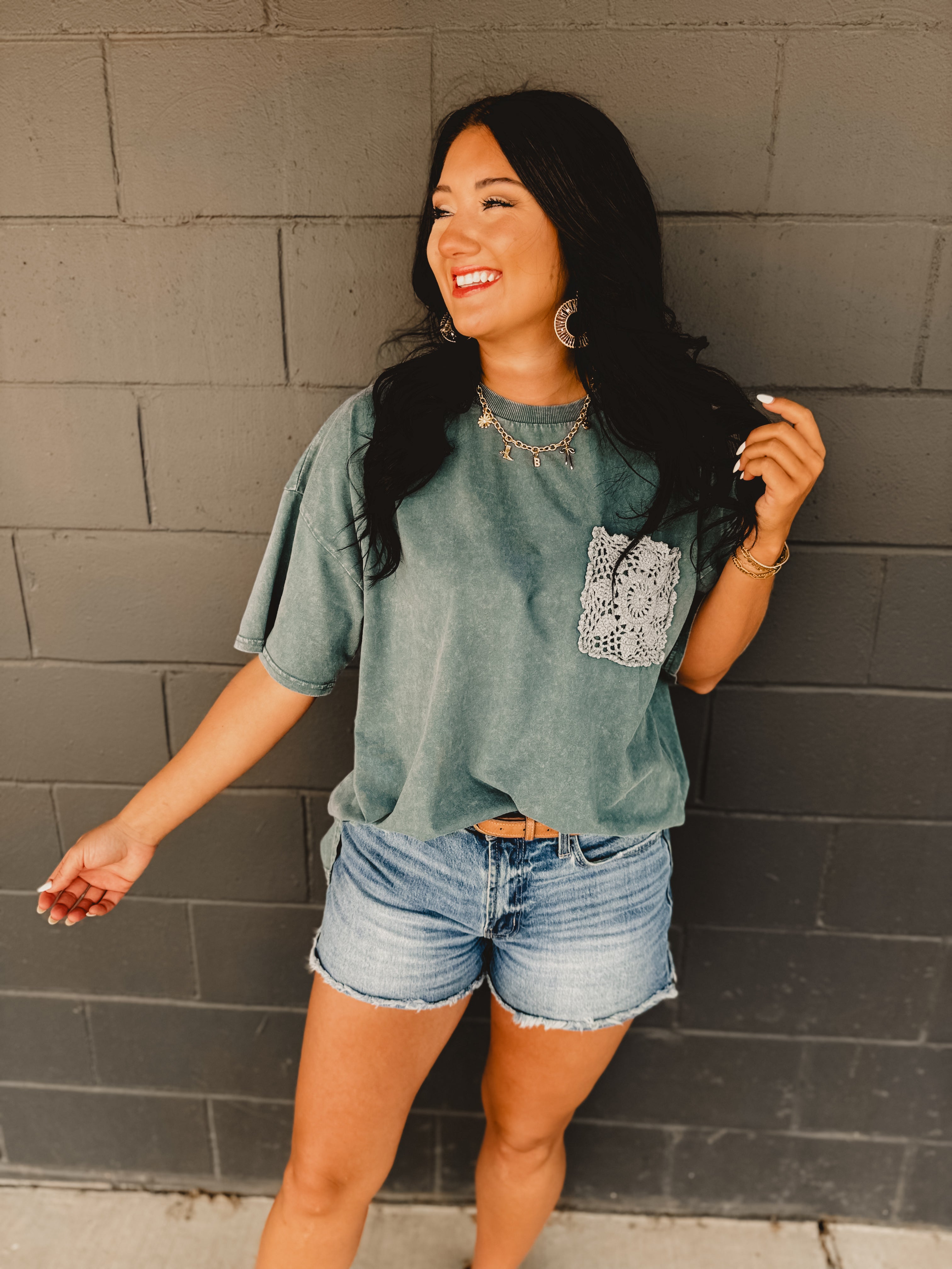 Short Sleeve Mineral Washed Oversized Top - Faded Teal - Lace and Grace Boutique