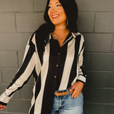 PREORDER Striped Satin Relaxed Fit Blouse - Black/Ivory - Lace and Grace Boutique