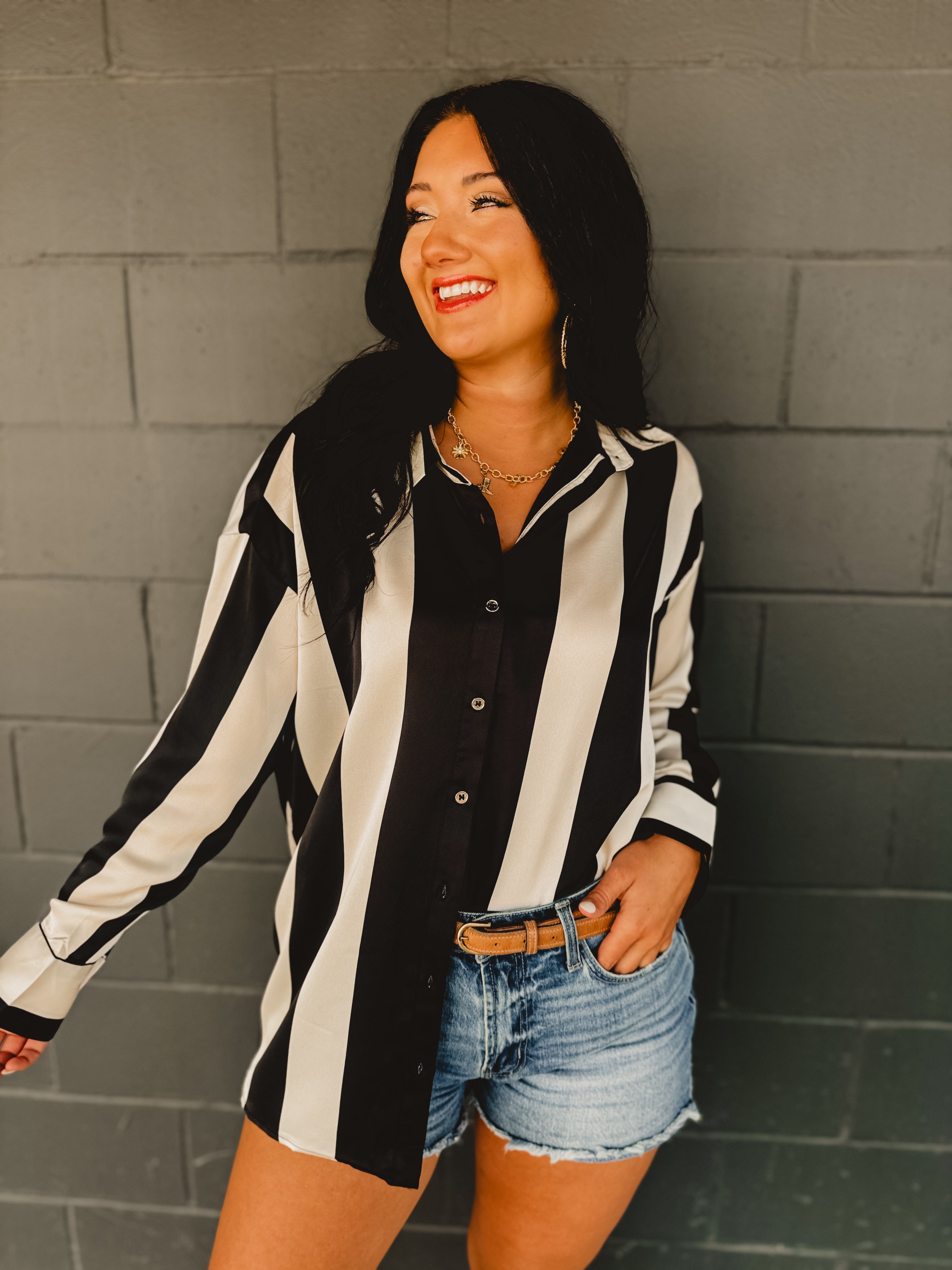 PREORDER Striped Satin Relaxed Fit Blouse - Black/Ivory - Lace and Grace Boutique