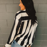 PREORDER Striped Satin Relaxed Fit Blouse - Black/Ivory - Lace and Grace Boutique