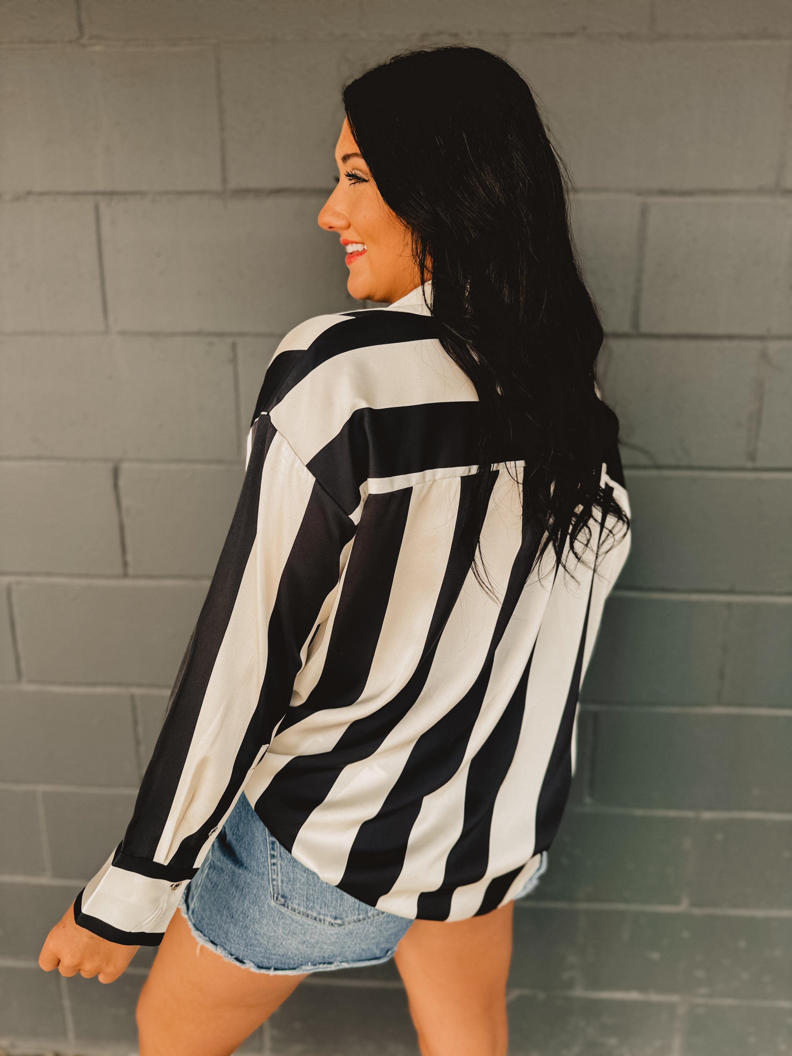 PREORDER Striped Satin Relaxed Fit Blouse - Black/Ivory - Lace and Grace Boutique