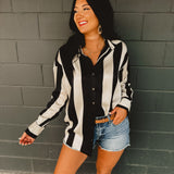 PREORDER Striped Satin Relaxed Fit Blouse - Black/Ivory - Lace and Grace Boutique