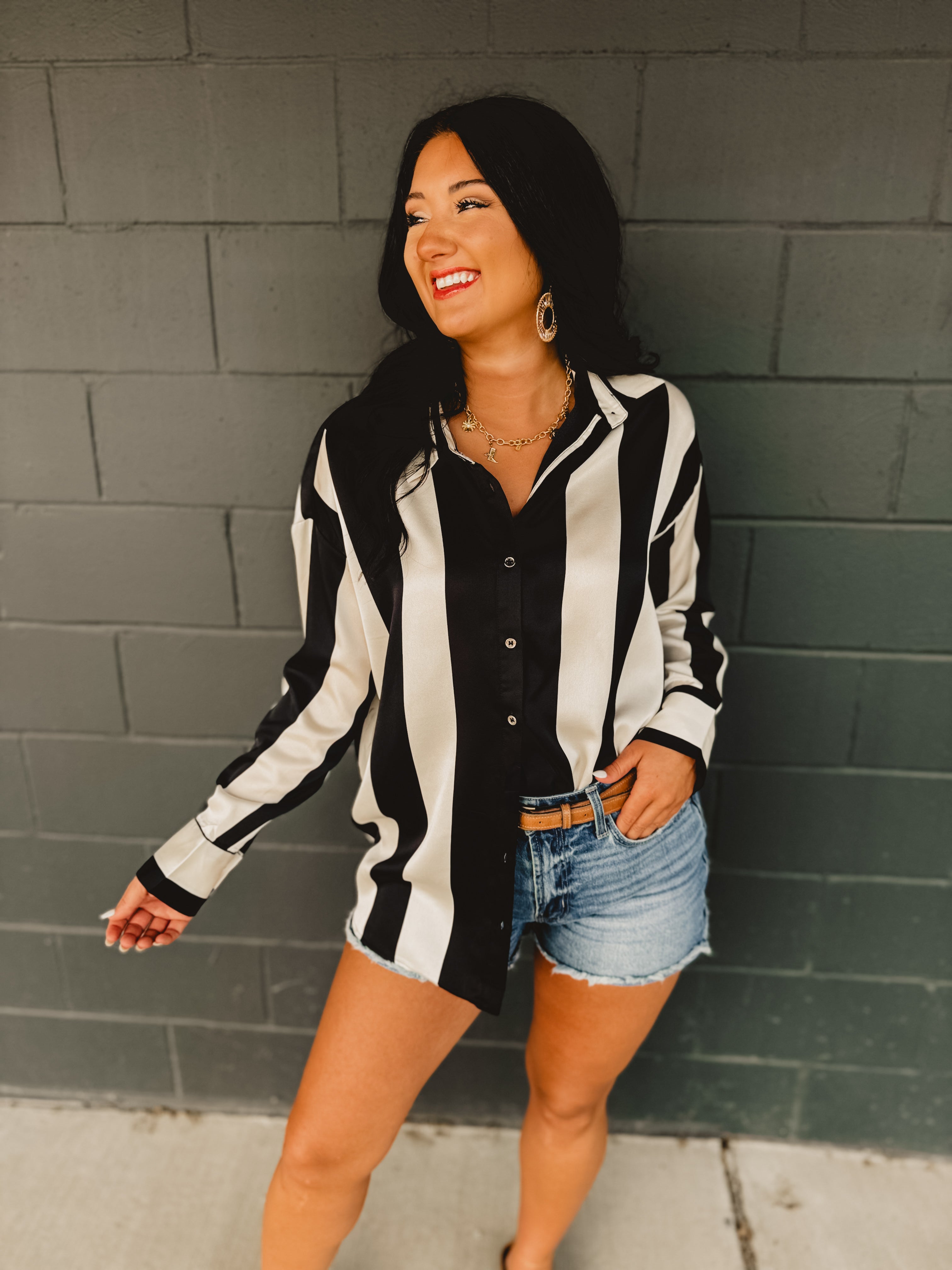 PREORDER Striped Satin Relaxed Fit Blouse - Black/Ivory - Lace and Grace Boutique