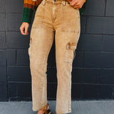 High Rise Stretch Cargo Denim Jeans - Toffee