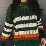 Striped Knit Crew Neck Sweater - Hunter Green
