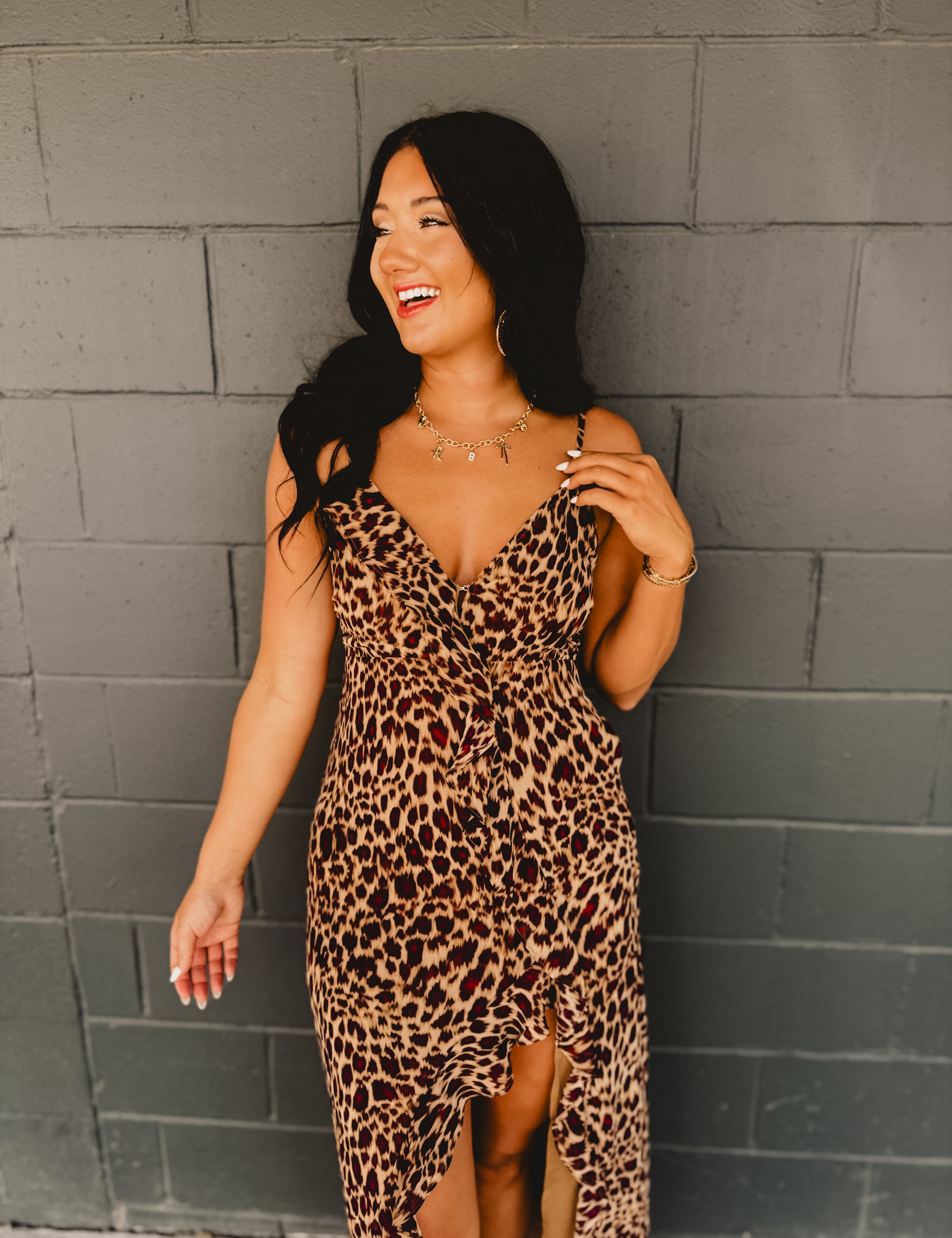 Leopard Ruffle Asymmetrical Midi Dress - Lace and Grace Boutique