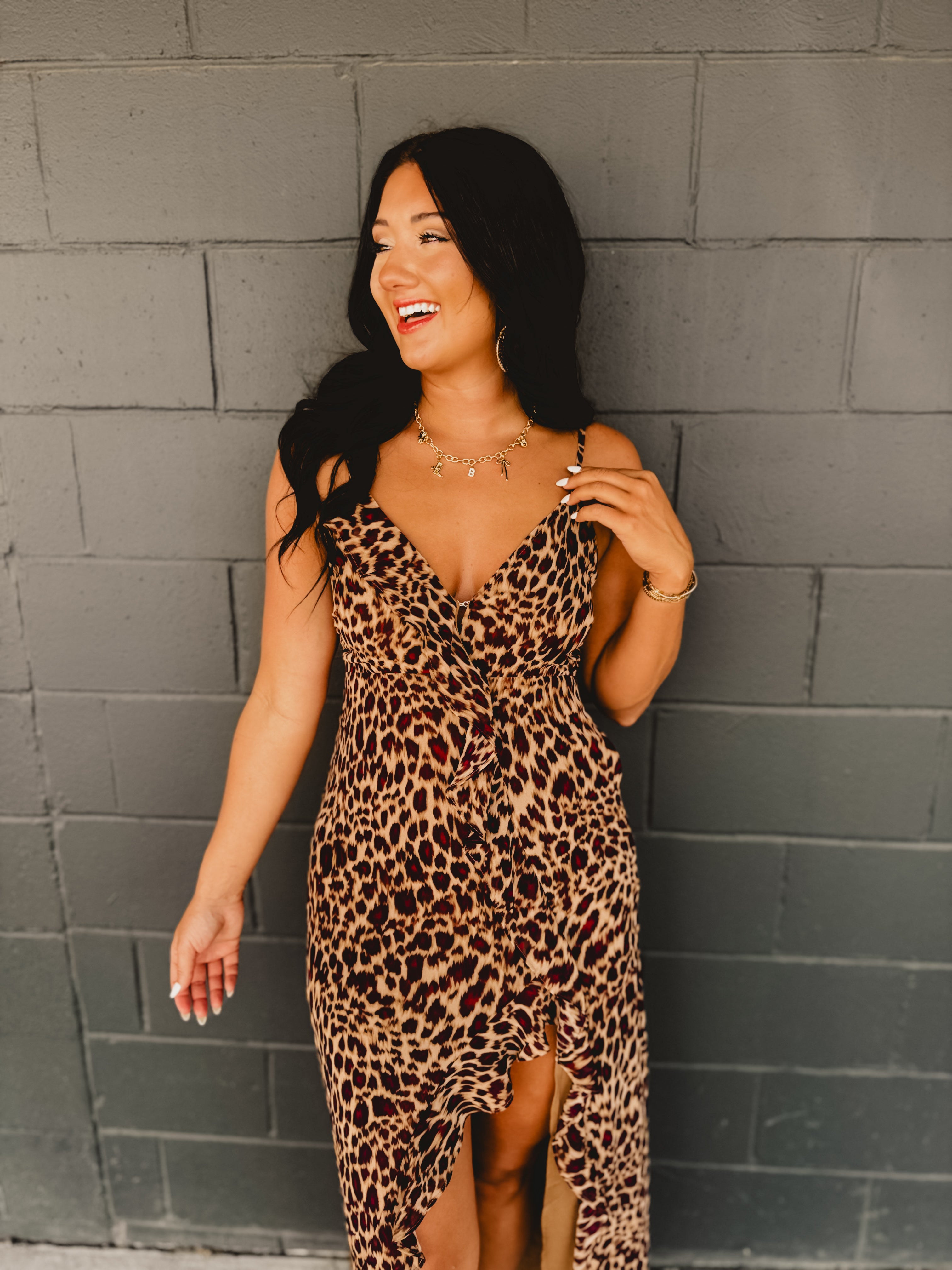 Leopard Ruffle Asymmetrical Midi Dress - Lace and Grace Boutique
