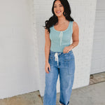 Risen High Rise Cropped Barrel Cargo Pant - Lt. Denim - Lace and Grace Boutique