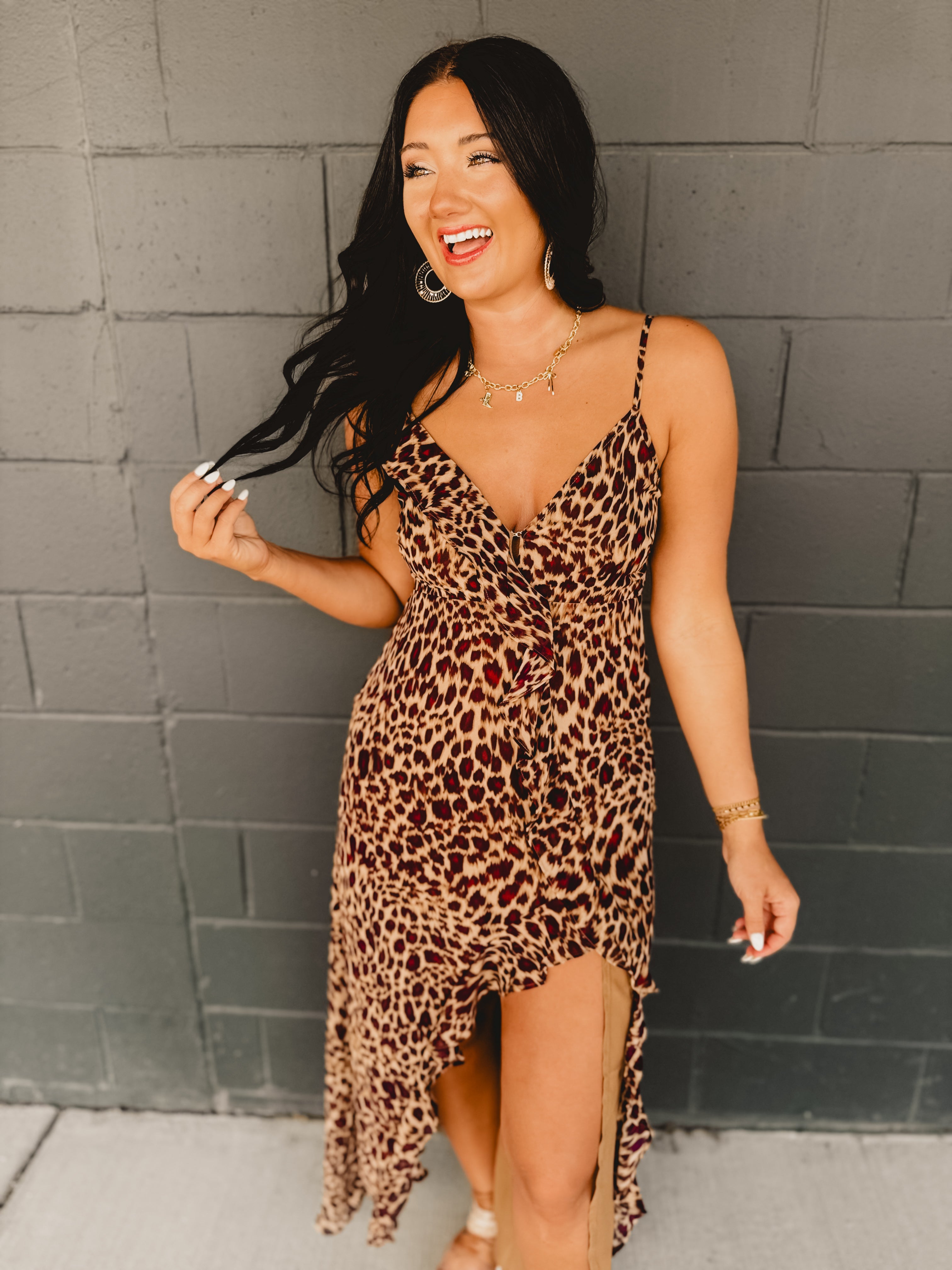 Leopard Ruffle Asymmetrical Midi Dress - Lace and Grace Boutique