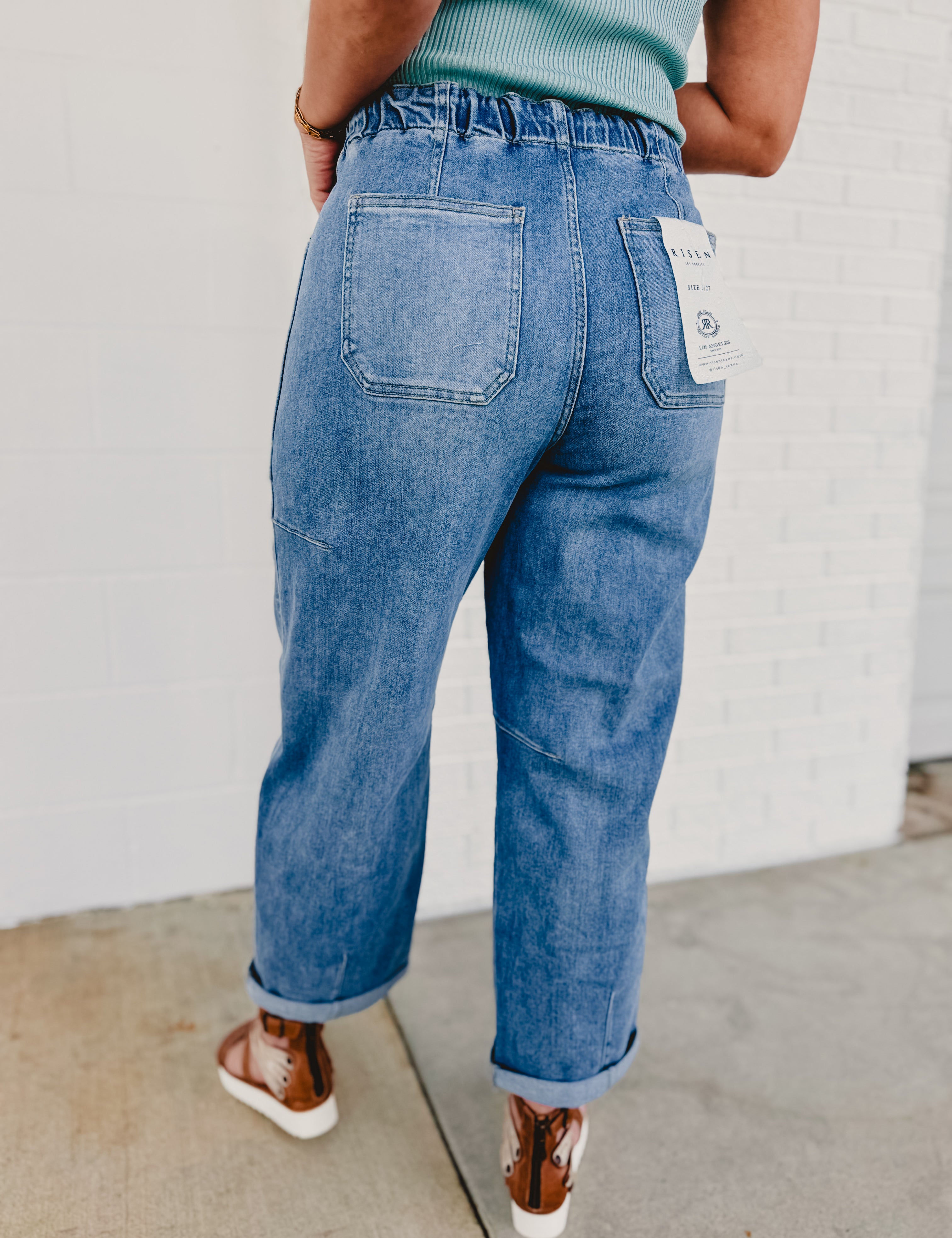 Risen High Rise Cropped Barrel Cargo Pant - Lt. Denim - Lace and Grace Boutique