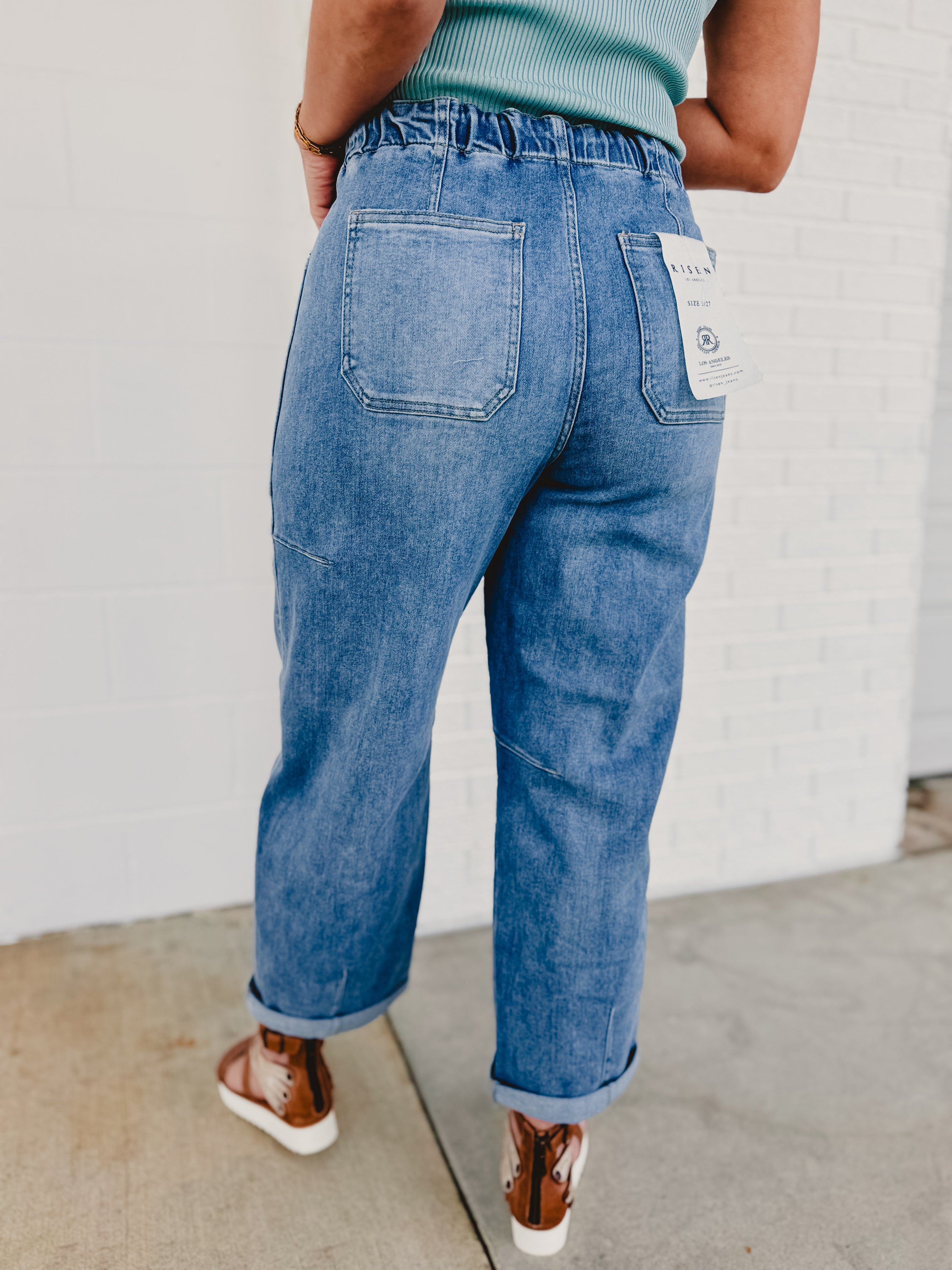 Risen High Rise Cropped Barrel Cargo Pant - Lt. Denim - Lace and Grace Boutique