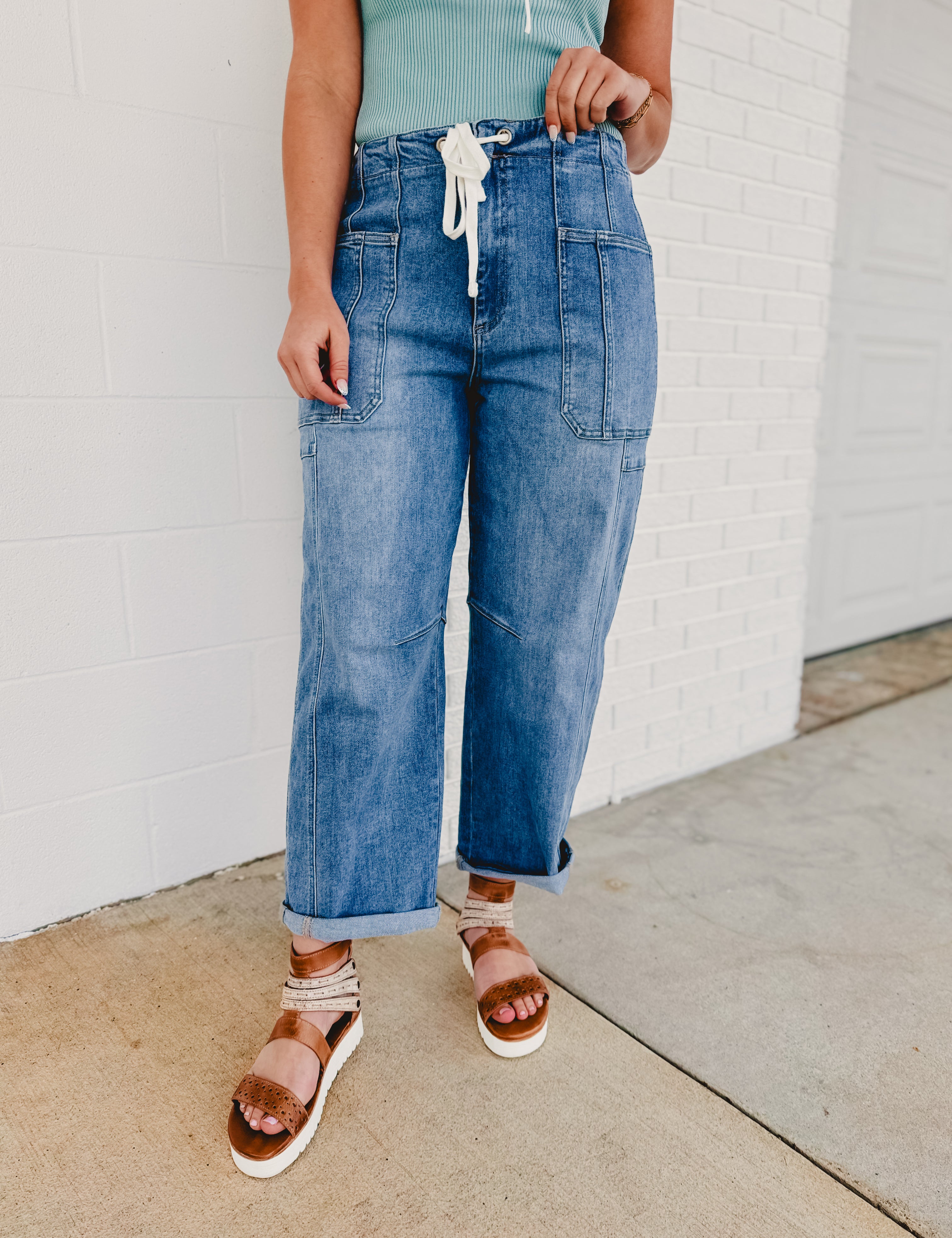 Risen High Rise Cropped Barrel Cargo Pant - Lt. Denim - Lace and Grace Boutique