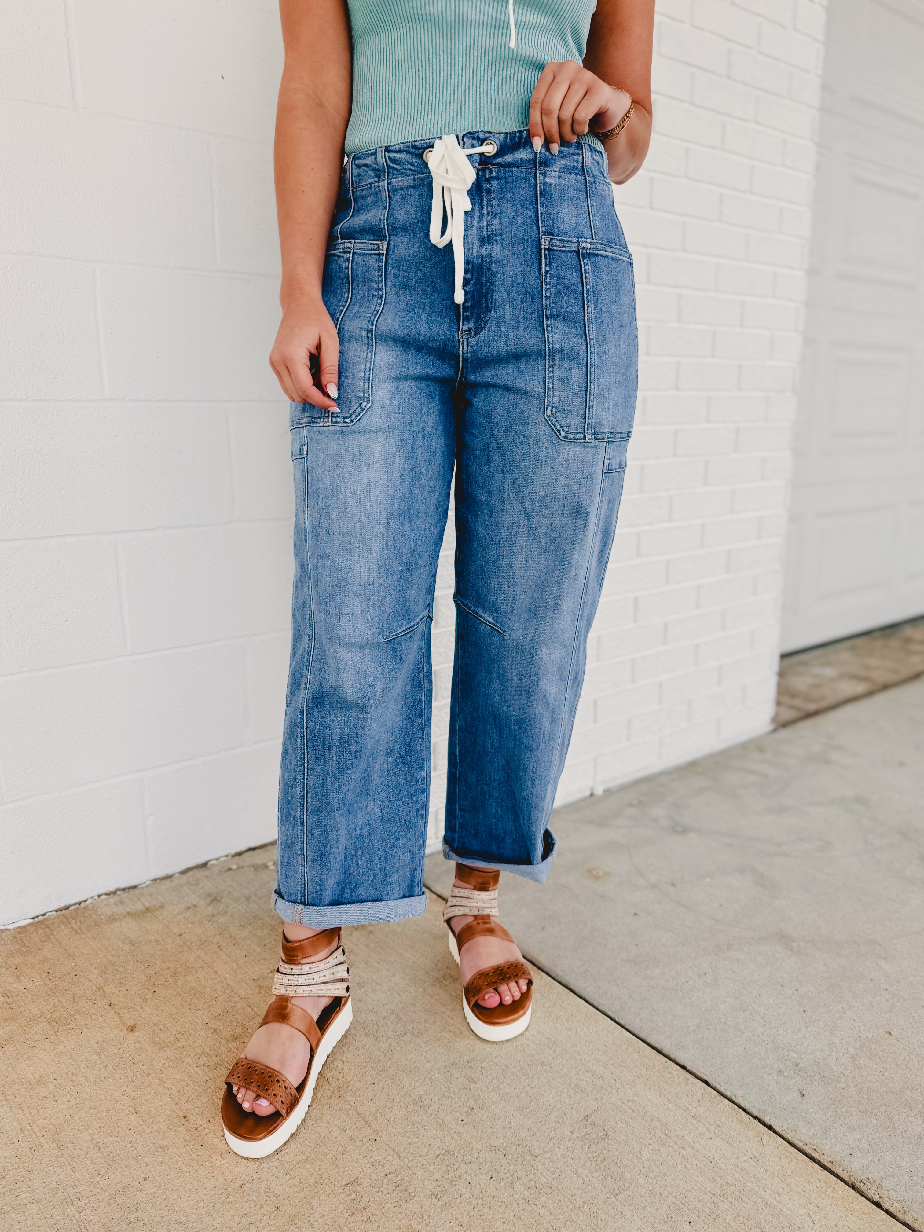 Risen High Rise Cropped Barrel Cargo Pant - Lt. Denim - Lace and Grace Boutique