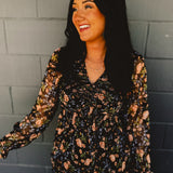 Smocked Long Sleeve Floral Maxi Dress - Black Multi