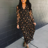 Smocked Long Sleeve Floral Maxi Dress - Black Multi