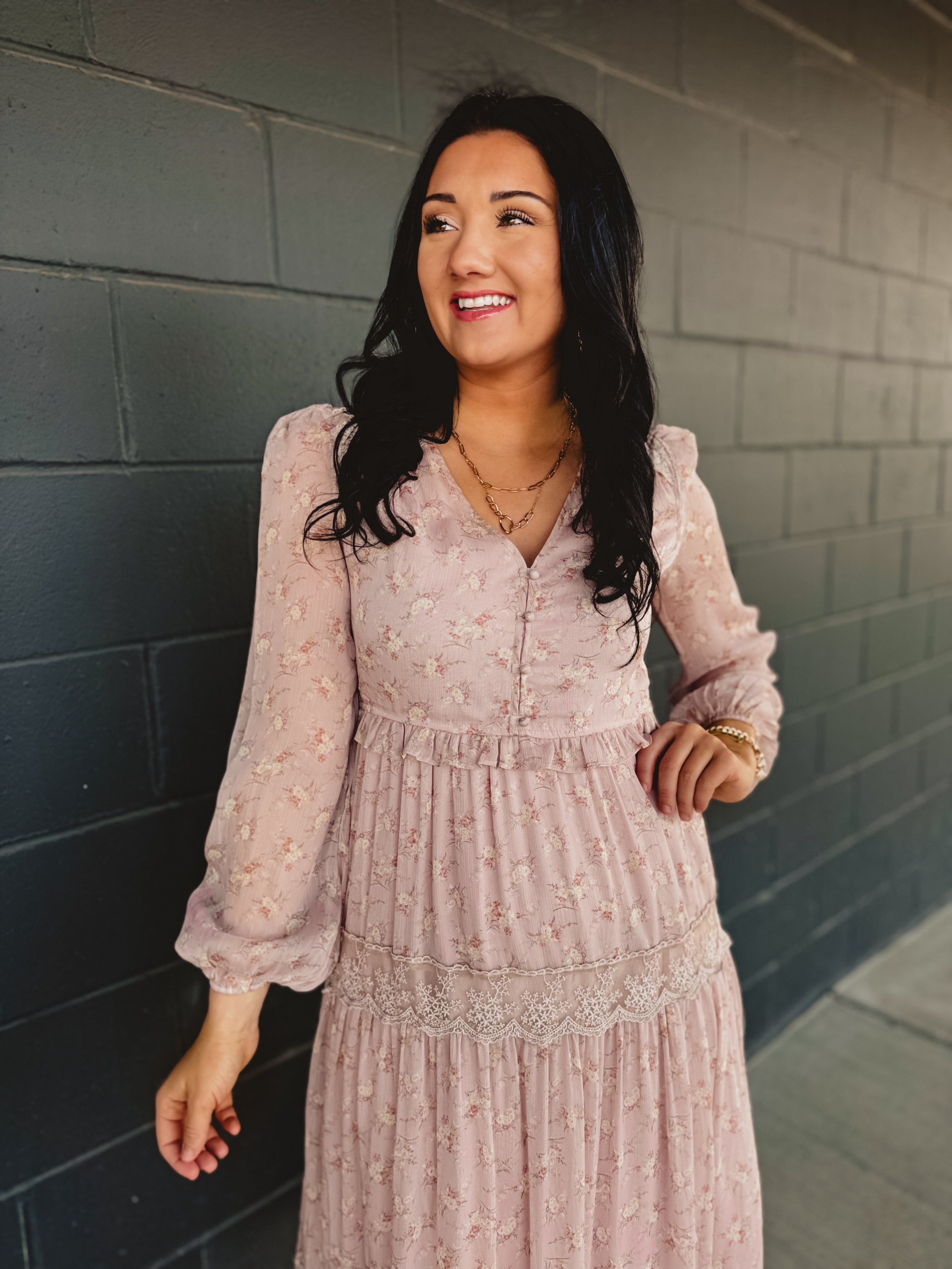 Floral Lace Tiered Long Sleeve Maxi Dress - Pastel Pink Medium Floral Lace Tiered Long Sleeve Maxi Dress - Pastel Pink Medium
