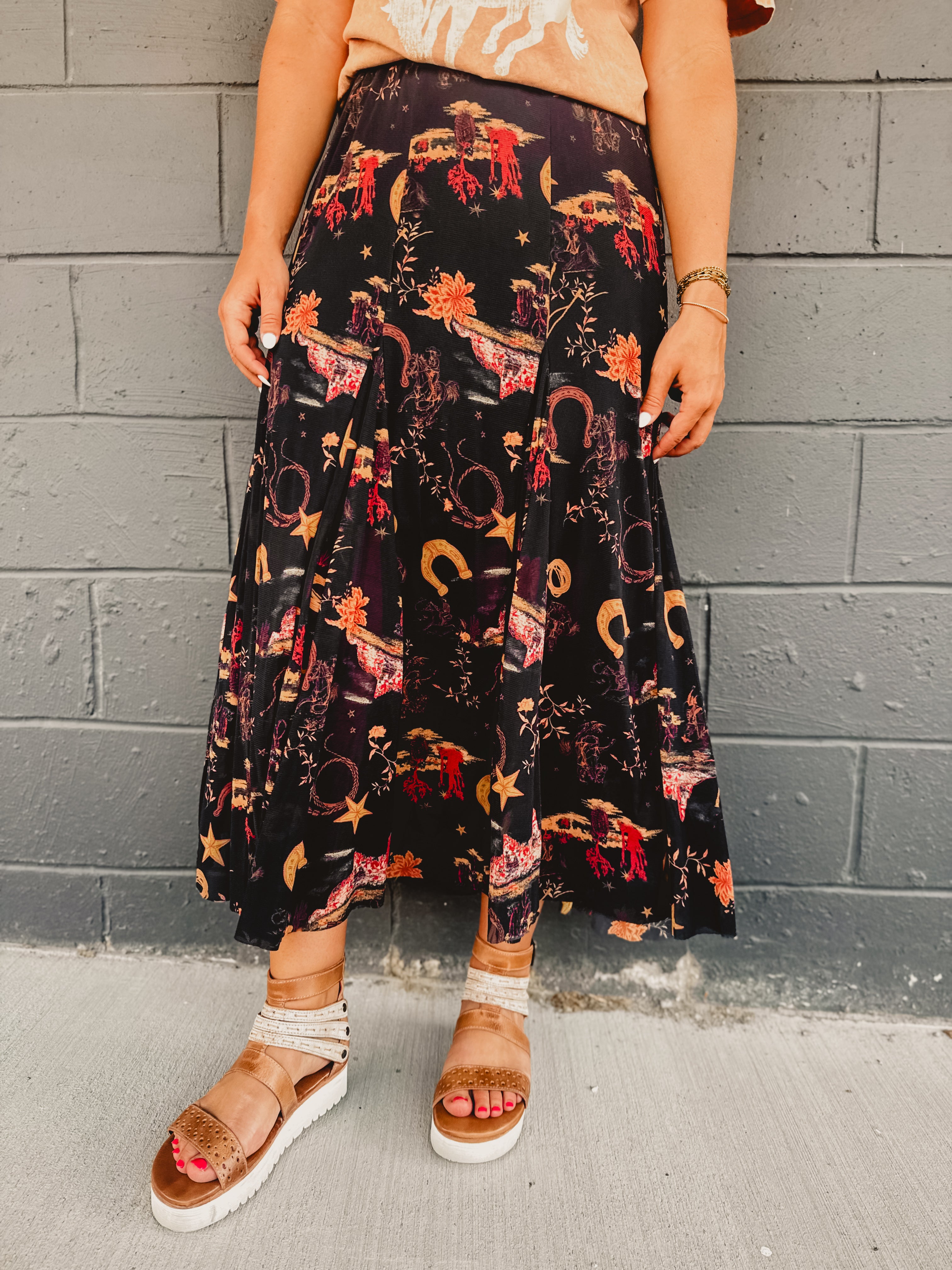 Western Printed Maxi Skirt - Black - Lace and Grace Boutique