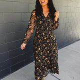 Smocked Long Sleeve Floral Maxi Dress - Black Multi
