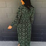 Smocked Long Sleeve Floral Maxi Dress - Forest Green