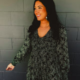 Smocked Long Sleeve Floral Maxi Dress - Forest Green