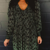 Smocked Long Sleeve Floral Maxi Dress - Forest Green