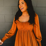 Gathered Long Sleeve Maxi Dress - Camel