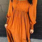 Gathered Long Sleeve Maxi Dress - Camel
