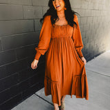 Gathered Long Sleeve Maxi Dress - Camel