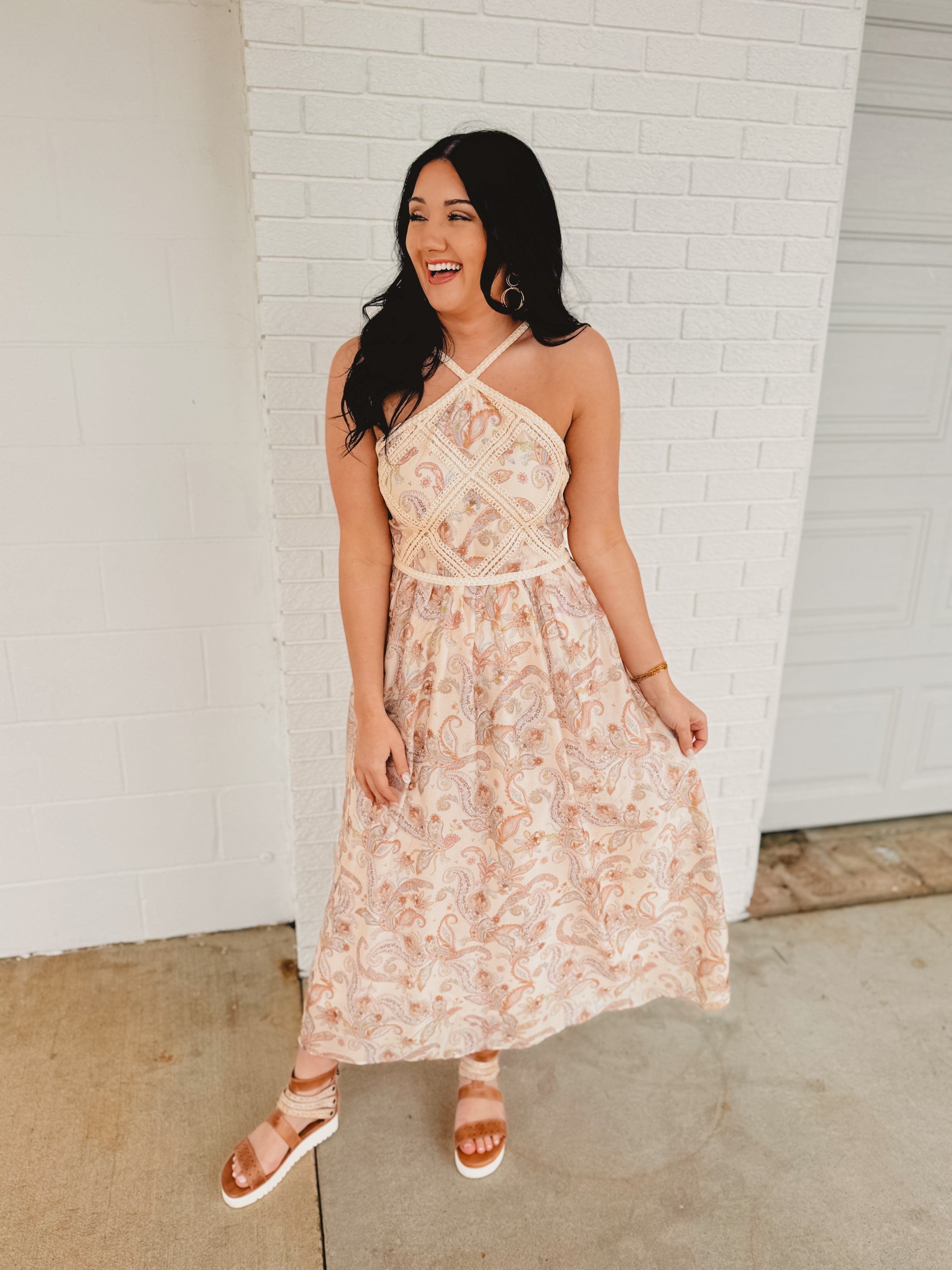 Paisley Halter Neck Embroidered Midi Dress - Cream Multi - Lace and Grace Boutique