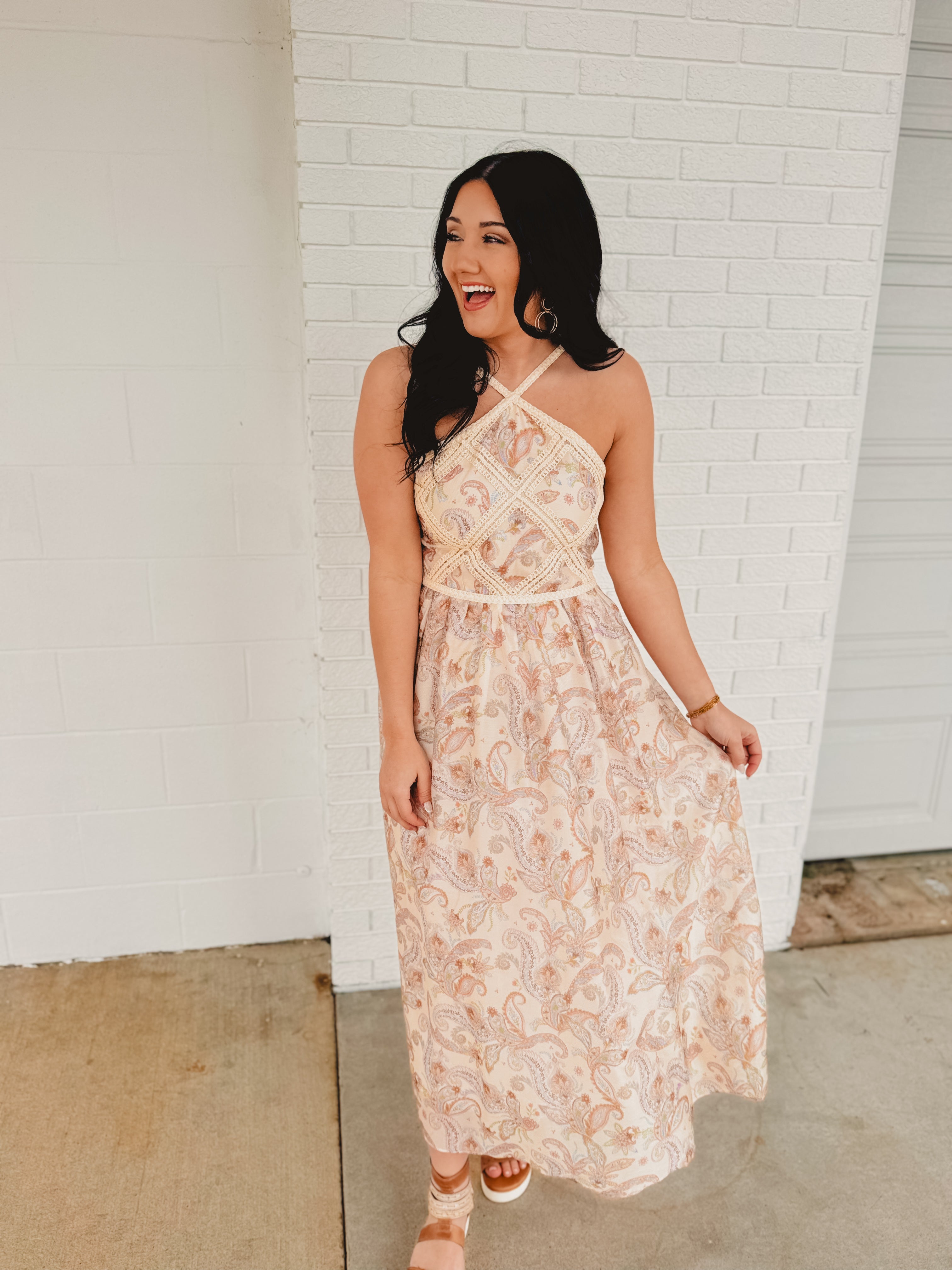 Paisley Halter Neck Embroidered Midi Dress - Cream Multi - Lace and Grace Boutique