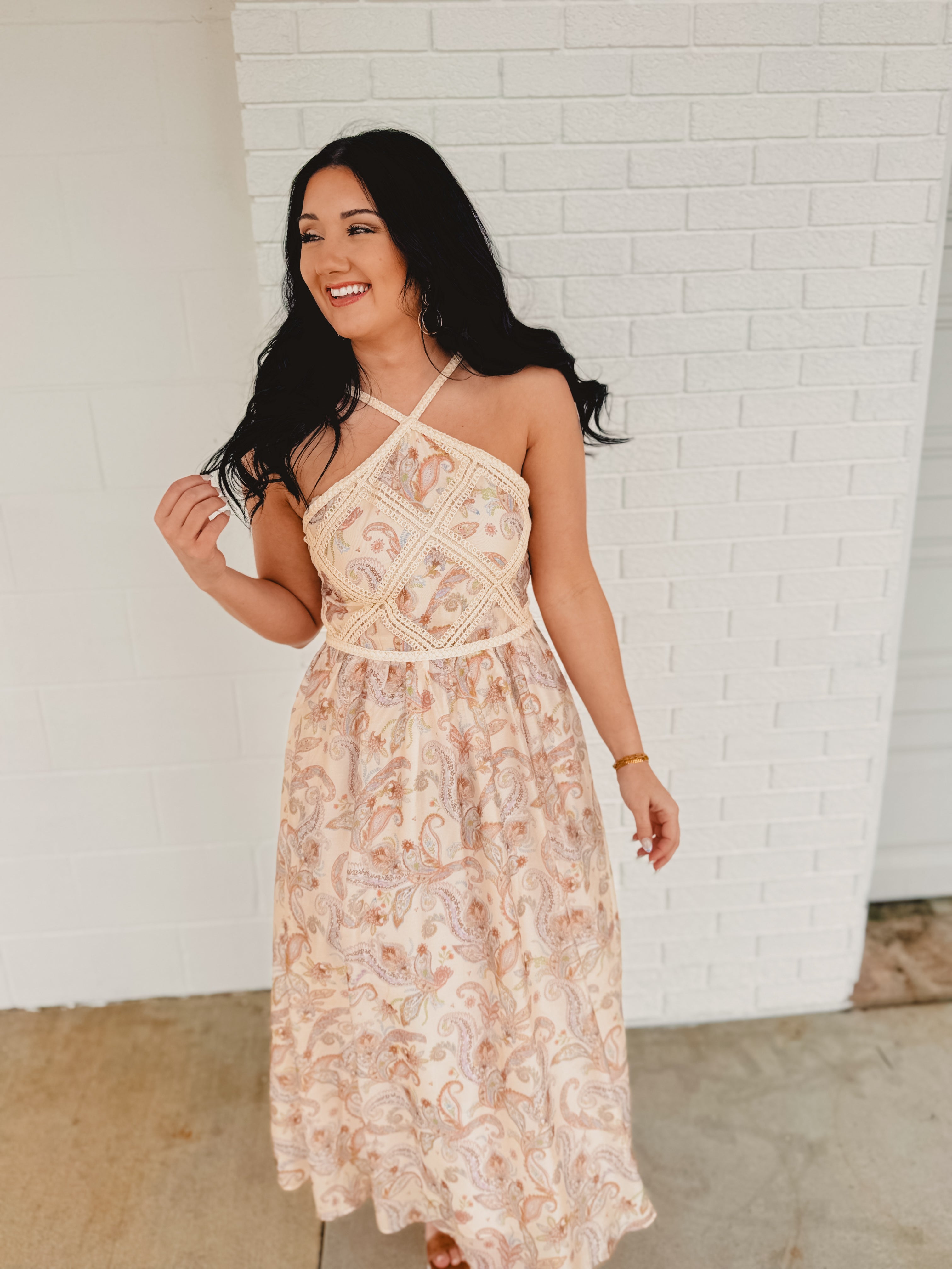 Paisley Halter Neck Embroidered Midi Dress - Cream Multi - Lace and Grace Boutique