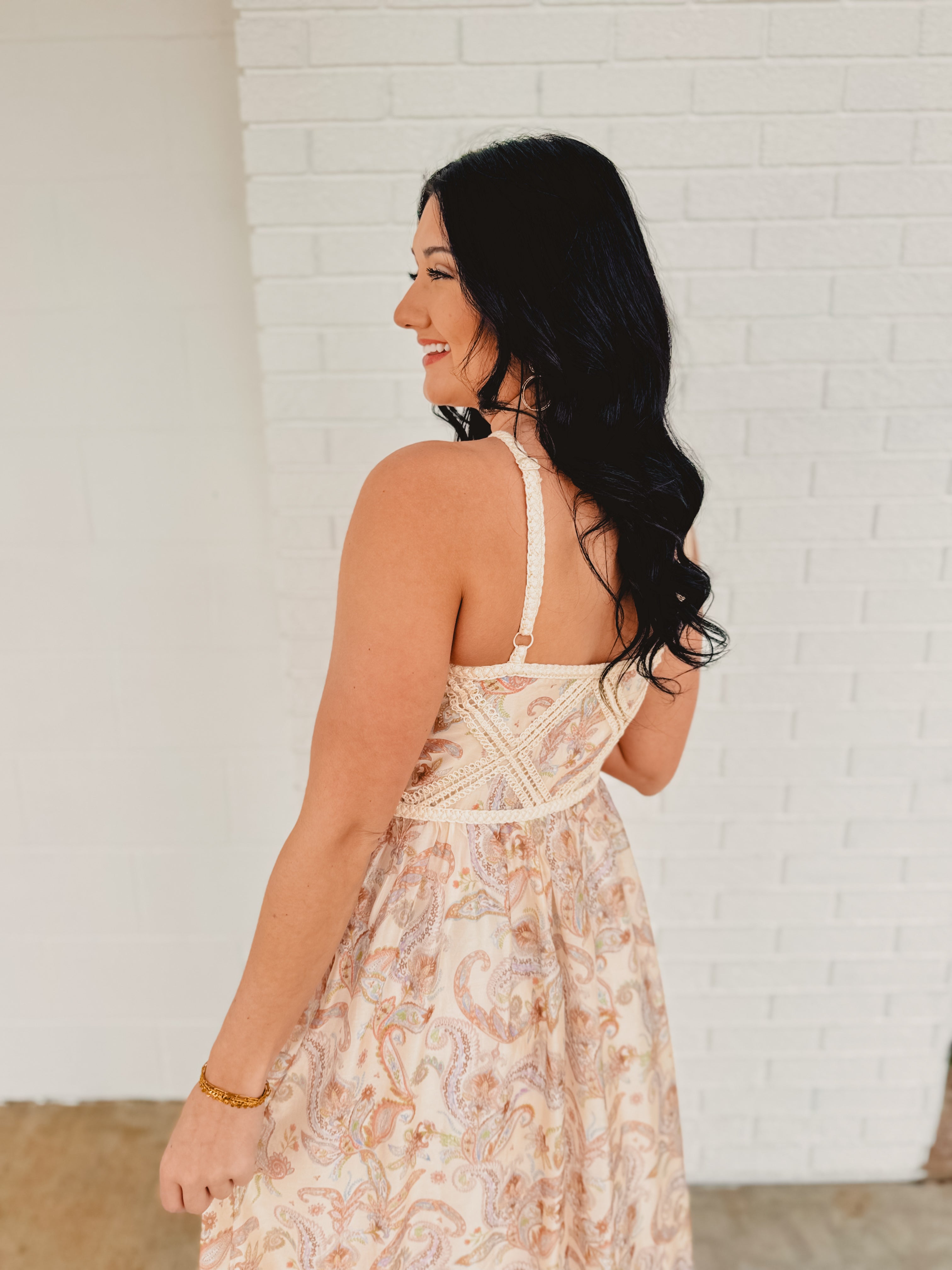 Paisley Halter Neck Embroidered Midi Dress - Cream Multi - Lace and Grace Boutique