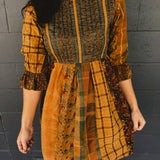 Fit & Flare Boho Patchwork Mini Dress - Camel