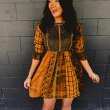 Fit & Flare Boho Patchwork Mini Dress - Camel