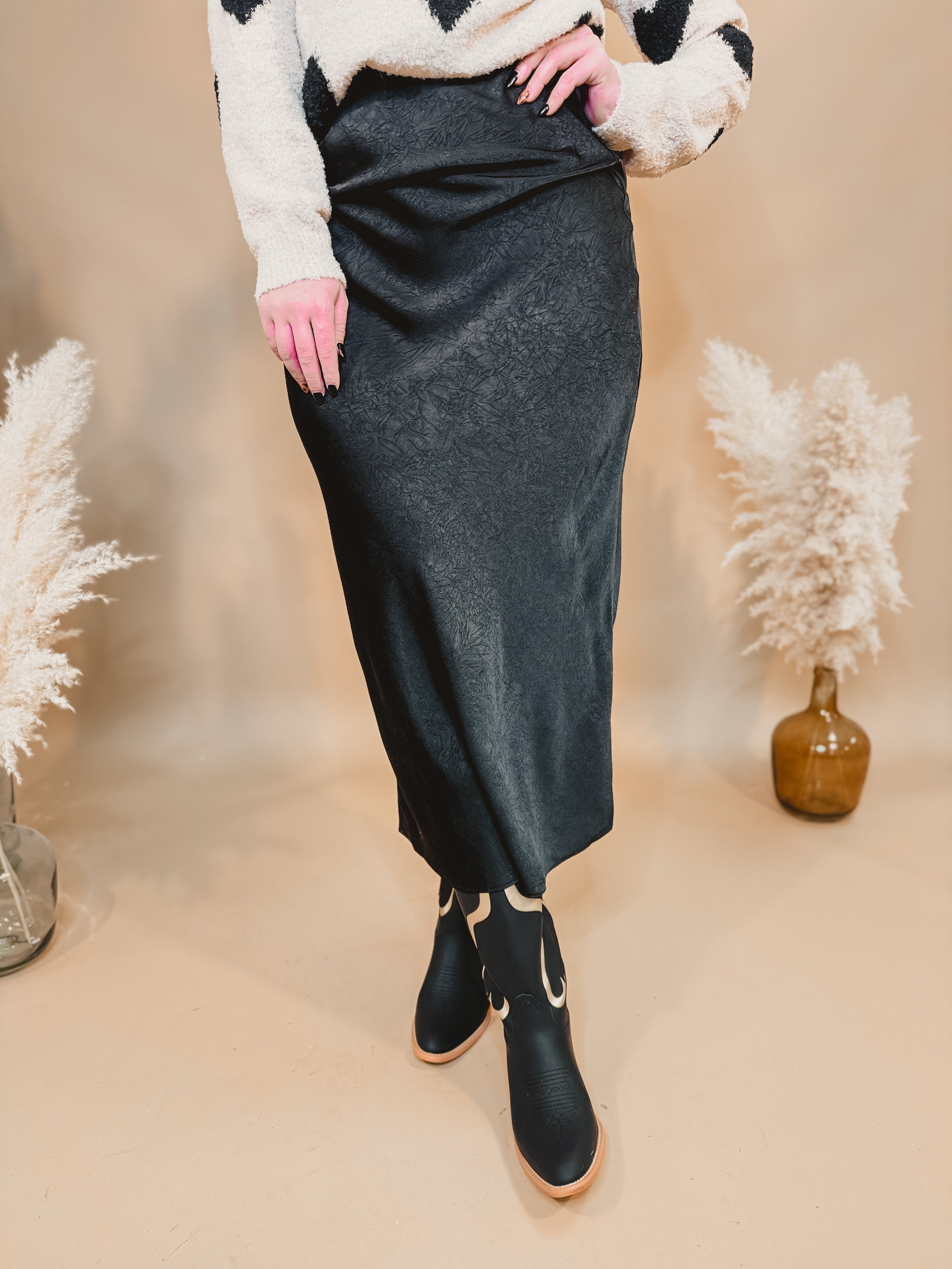 Crinkled Textured Maxi Skirt - Black - Lace and Grace Boutique