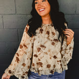 Floral Print Ruffle Chiffon Blouse - Taupe
