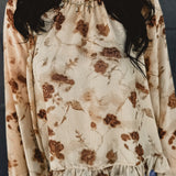 Floral Print Ruffle Chiffon Blouse - Taupe