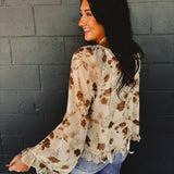 Floral Print Ruffle Chiffon Blouse - Taupe