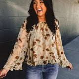 Floral Print Ruffle Chiffon Blouse - Taupe