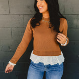 Lace Detail Ribbed Sweater Top - Mocha